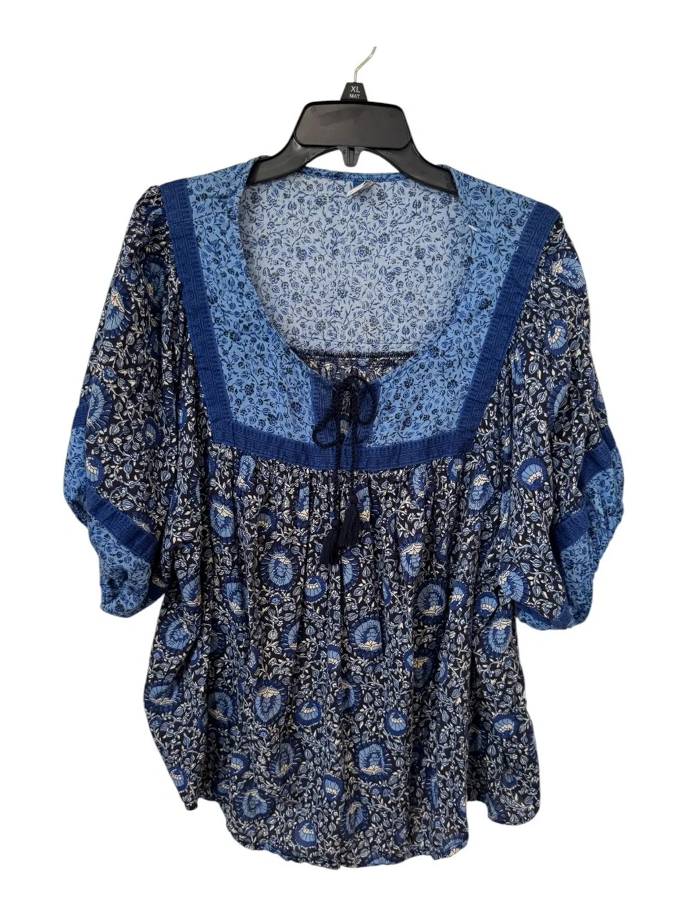 Old Navy 3X Blue Mixed Floral Peasant Blouse Split Neck Tassel Boho Plus
